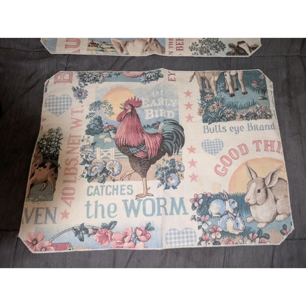 Country Farmhouse Placemats Cotton Depicting Animals w/Checkered Back Reversible